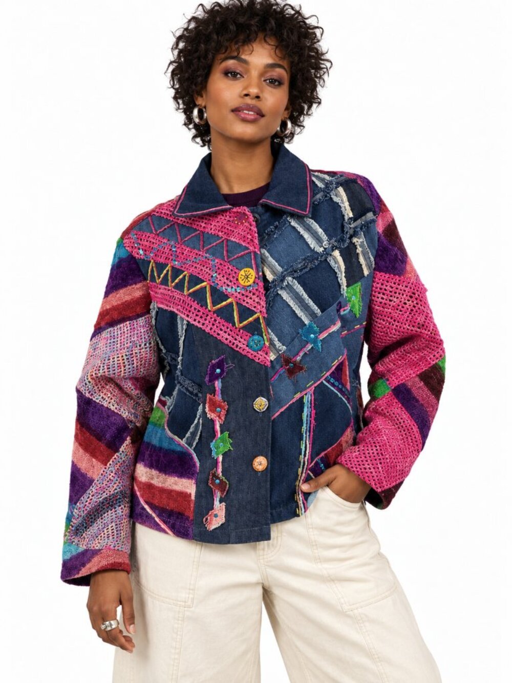 Vintage Carrie Allen Patchwork Denim Jacket Blue Multicolor Size M Craftcore